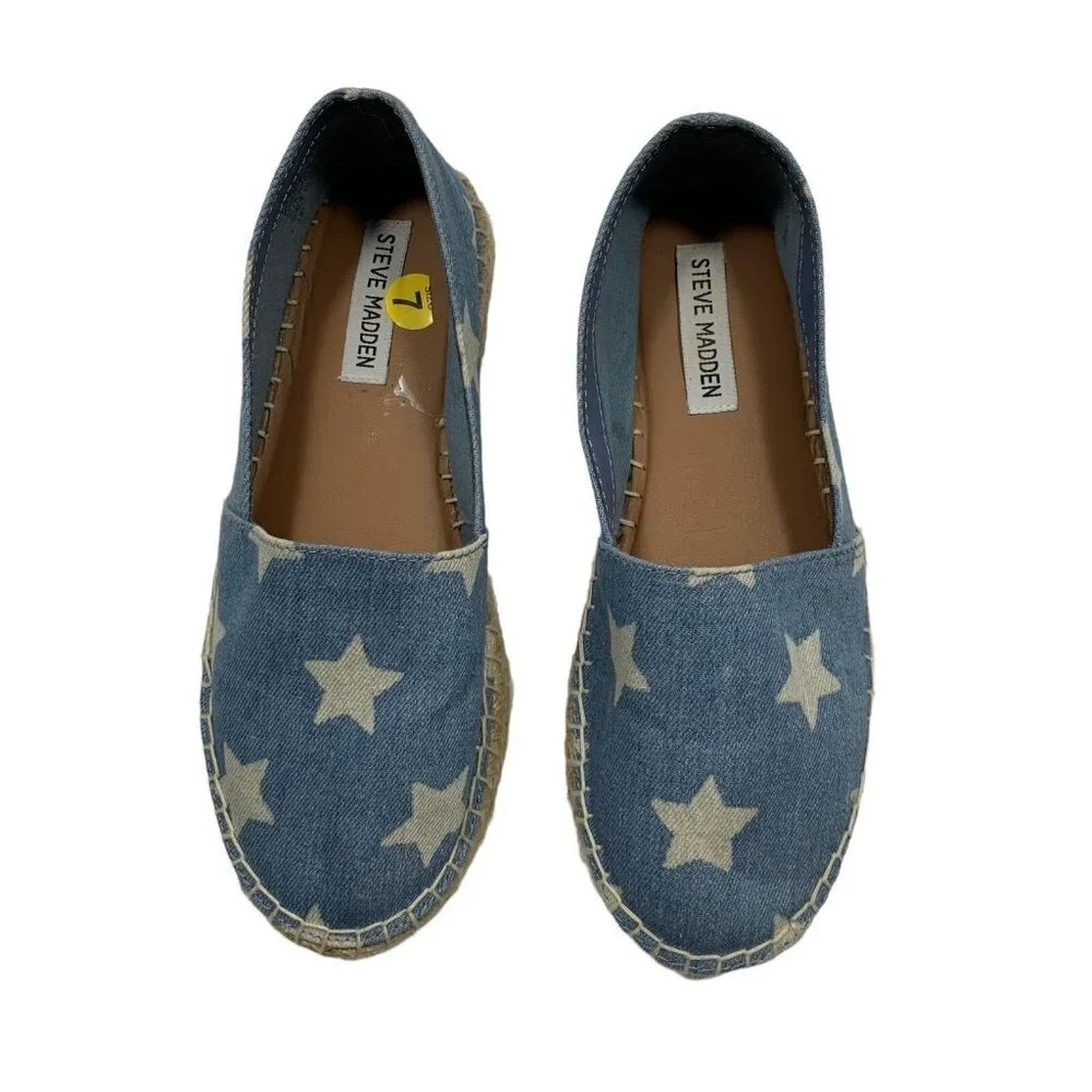 Steve Madden TALAN Blue Chambray Star Print Espadrilles Size 7.5 Flats